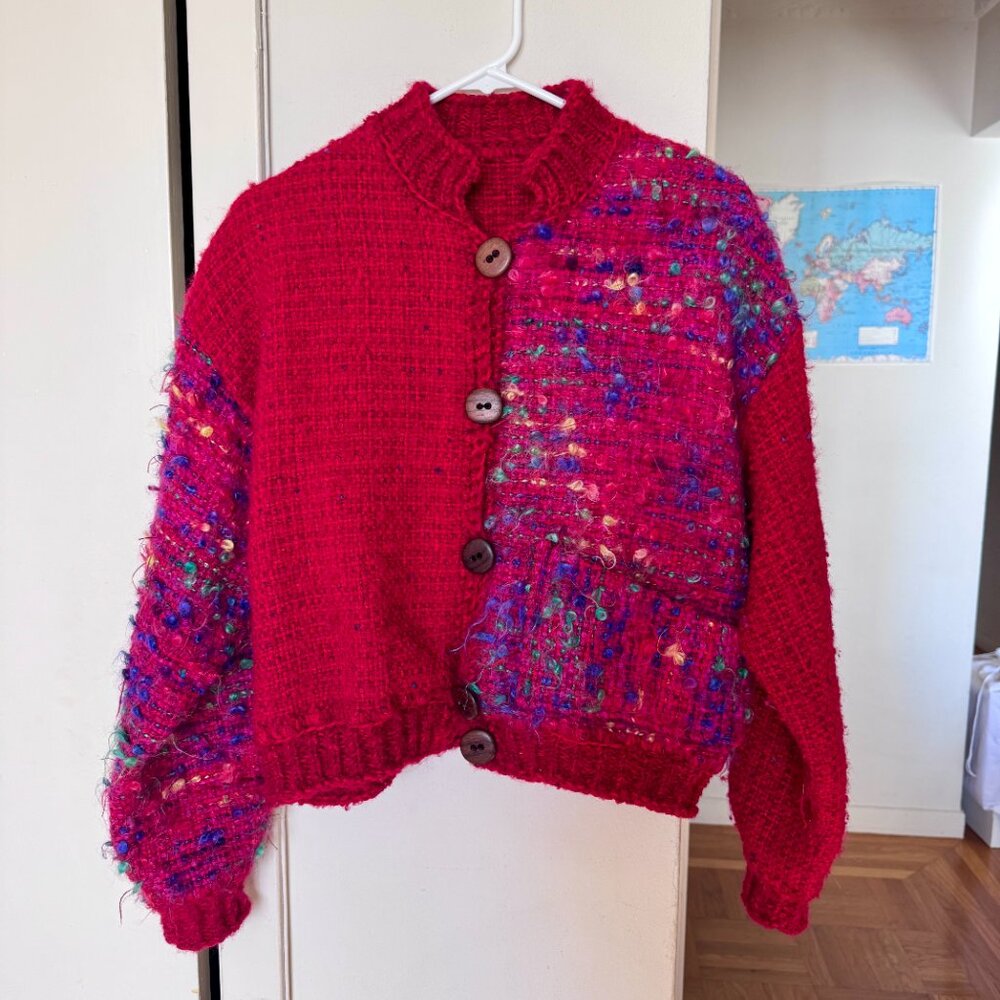 Vintage Hand Knitted red wool Mohair Blend crop Cardigan S M